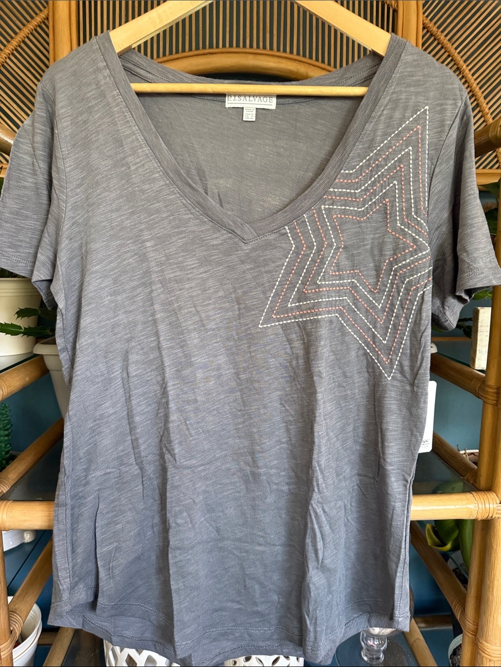 P.J. Salvage Gray V-Neck Tee with Star Stitch Detail
